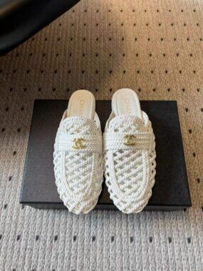 Chanel White Braided Mules